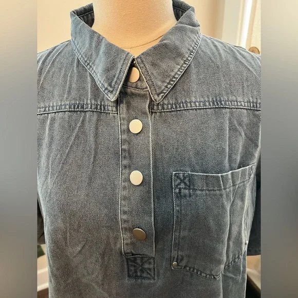 Women’s Denim Polo Baby Doll Dress With Pockets in Washed Blue - Picture 4 of 8